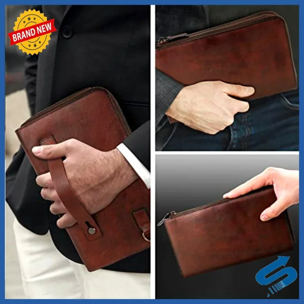Leather Men's Wristlet Clutch Wallet with 11 Compartments